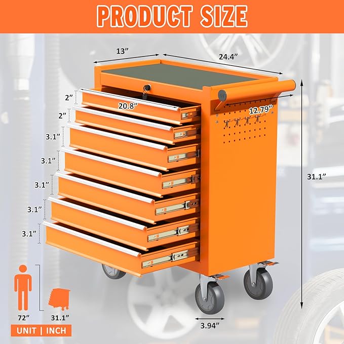 7 Drawers Rolling Tool Chest, Large Capacity Metal Tool Box with Wheels and Drawers, Tool Storage Cabinet with Keyed Locking, Tool Organizer Box for Garage, Workshop, Warehouse, Orange