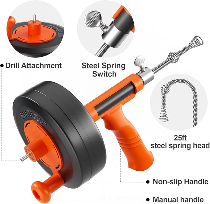 Drain Auger, Drain Snake With Drill Adapter, 25ft Plumbing Auger Heavy Duty Flexible Sink Steel Plumbing Auger Bathroom Hair Clog Removal Tool, Manual Or Powered for Shower & Bathtub Clog