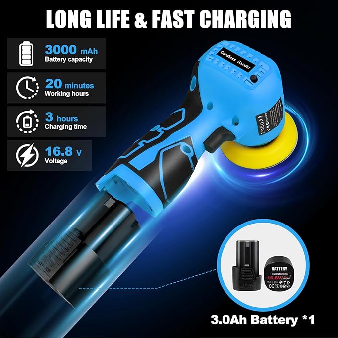 Cordless Sander, 3" Palm Sander with 16.8V 3.0Ah Li-ion Battery, 3500RPM Mini Polisher, 19 Accessories Sander Tool for Sanding/Polishing/Waxing/Cleaning