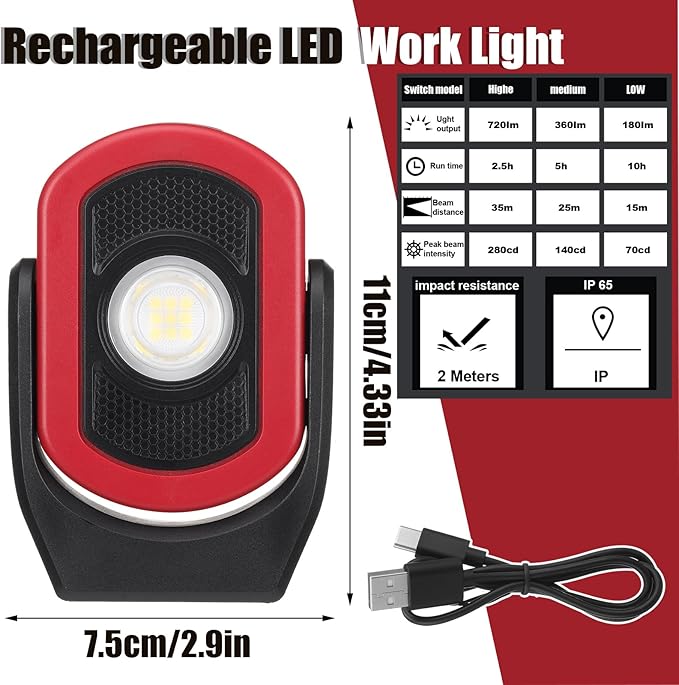 Retisee 3 Pcs 720 Lumens Magnetic Work Light USB Rechargeable LED Flashlight Portable Inspection Light for Car Repair Emergency Lighting Mechanics Workshop (Red)