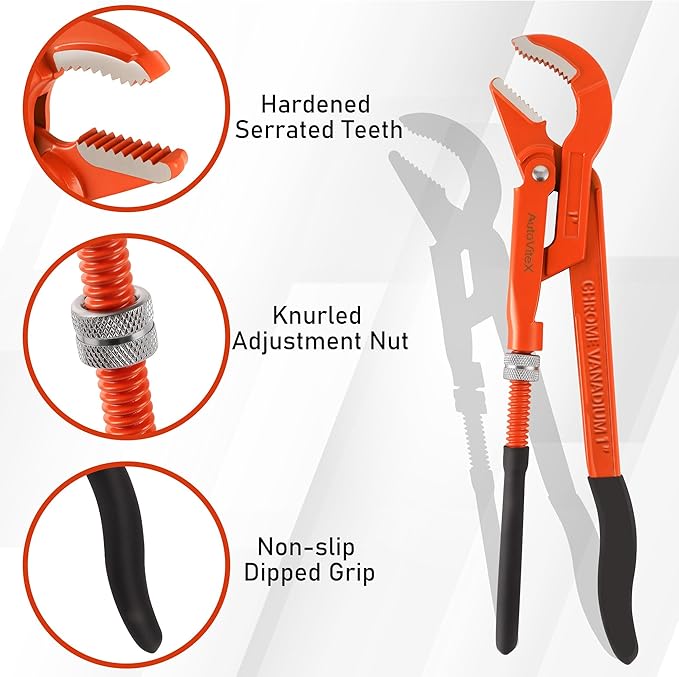 17-Inch Swedish Pipe Wrench, Heavy Duty Adjustable Plumbing Wrench with 45°Angled Jaw for All Types of Nuts, Water Pipes