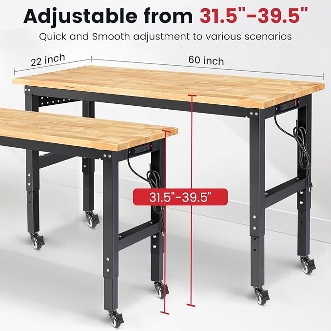Workbench with Wheels 60 Inch Rubberwood Tabletop Garage Workbench Adjustable Height Work Bench with Pegboard, Power Outlets for Woodworking, Home, Office, Workshop