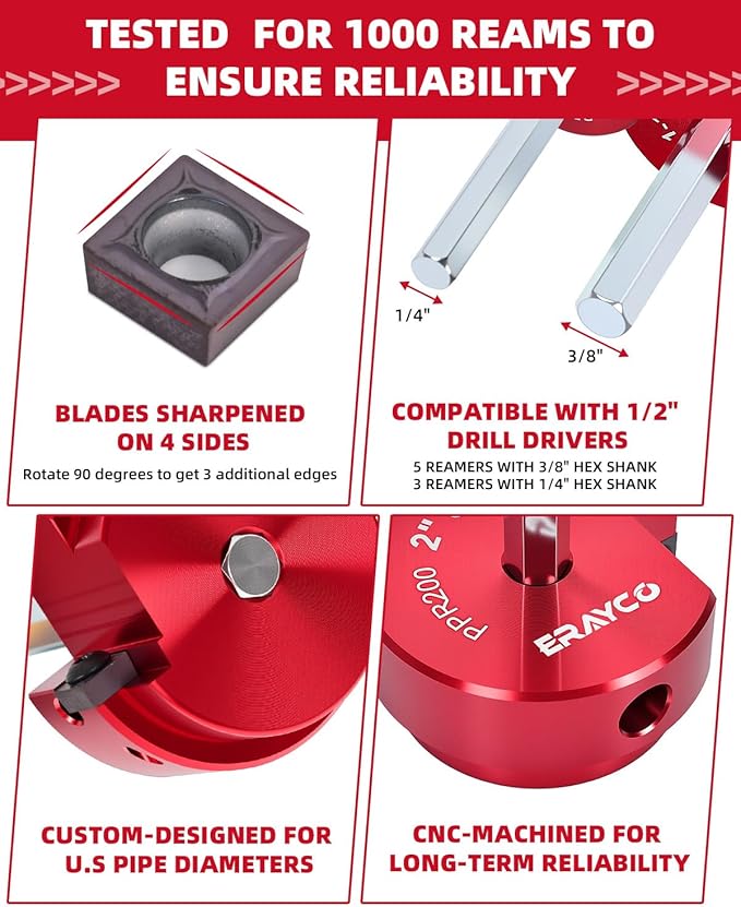ERAYCO 8PCS PVC Pipe Reamer Kit, Plastic Pipe Fitting Reamer Tool, Fit into Standard 1/2" Drills, PVC Fitting Saver for SCH40 PVC CPVC ABS Pipe (1/2'', 3/4'', 1'', 1-1/2'', 1-1/4'', 2'', 3'', 4'')