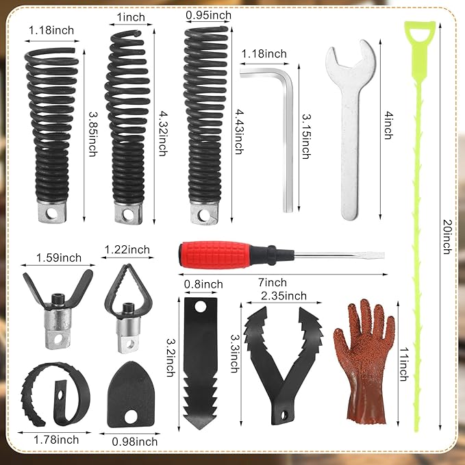 17 Pcs Drain Cleaning Tools, Drain Snake Drill Attachment Cutter and Auger Set, Plumbing Auger Compatible with 50ft-100ft Sewage Cleaning Machines Fits 5/16 Inch to 3/4 Inch Snake Cables
