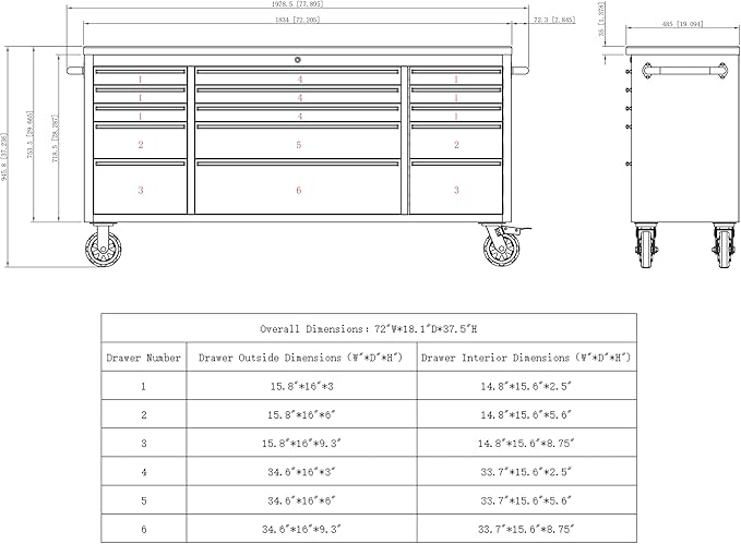 CT Copper Tailor 72-inch Rolling Tool Chest with 15 Drawers and Wheels, Mobile Garage Workbench, Large Tool Box Storage Tool Cabinet with Wood Top for Workshop,Stainless Steel