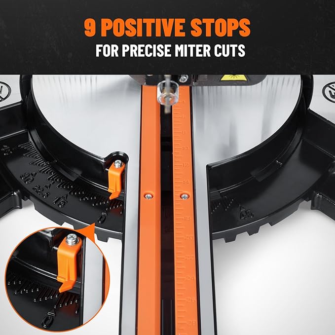 Updated 10-Inch Sliding Miter Saw, Multi-Material Cutting w/ 3 x TCT Blades, Ambidextrous Operation, 5000/3200RPM Speed, Laser Guide, 0-45° Bevel Cut, Max Cut 3.5x13.4in, 9 Positive Stops