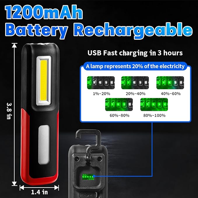 Rechargeable LED Flashlight Magnetic Light, Portable Work Light Trouble Lights Lamp for Mechanics, Compact Reliable and Super Bright Flash Light for Tool Gifts for Men(Red)