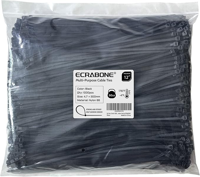 Zip Ties 12 inch 1000 Pack, Black Cable Zip Ties 50 lbs Tensile Strength Nylon Self-Locking Wire Ties Wraps for Outdoor and Indoor Use by ECRABONE