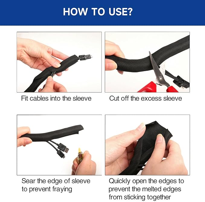 Black Braided Cable Management Sleeves Wire Loom Tubing Cord Protector Self-Wrapping (1“-30Feet)