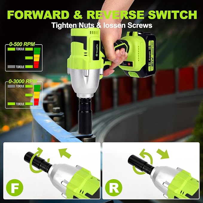 Yougfin Cordless Impact Wrench 1/2 with 550N.M High Torque & Brushless Motor, Power Impact Gun with Li-ion 4.0Ah Battery - Ideal for Automotive Repairs, Home Improvement, Green & Black