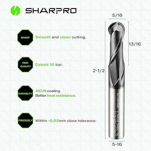 Carbide Ball Nose End Mill 2 Flute 5/16 Inch SHK. and Cutting Dia. 3D Carving, High-Speed and Deep Cutting, AlCrN Coated, Apply for Alloy Steel, Stainless Steel and Various Cast Iron.