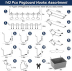 17-in-1 Pegboard Hooks Assortment - 143 Pcs 14 Sizes Peg Board Organizer Accessories Kit with 6 Pegboard Bins, 30 Silicone & 42 Stainless Steel Peg Hook Locks for 1/4" and 1/8" Pegboards Hanging Tools