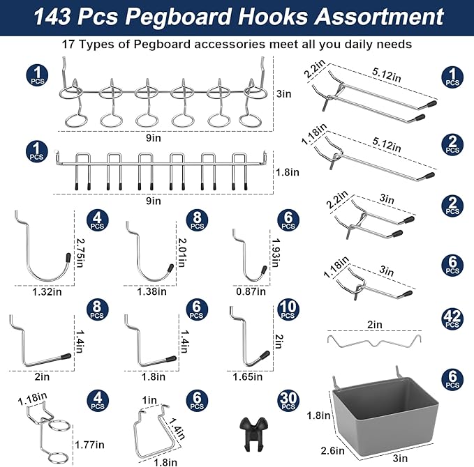 17-in-1 Pegboard Hooks Assortment - 143 Pcs 14 Sizes Peg Board Organizer Accessories Kit with 6 Pegboard Bins, 30 Silicone & 42 Stainless Steel Peg Hook Locks for 1/4" and 1/8" Pegboards Hanging Tools