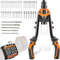 Professional Rivet Gun Kit with 5 Drill Bits & Magnetic Wristband - Heavy Duty Two-Handed Riveter for Metal, Gutter, Automotive - Includes 210 Assorted Rivets