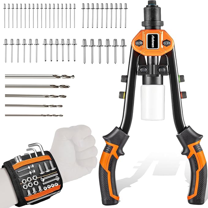 Professional Rivet Gun Kit with 5 Drill Bits & Magnetic Wristband - Heavy Duty Two-Handed Riveter for Metal, Gutter, Automotive - Includes 210 Assorted Rivets