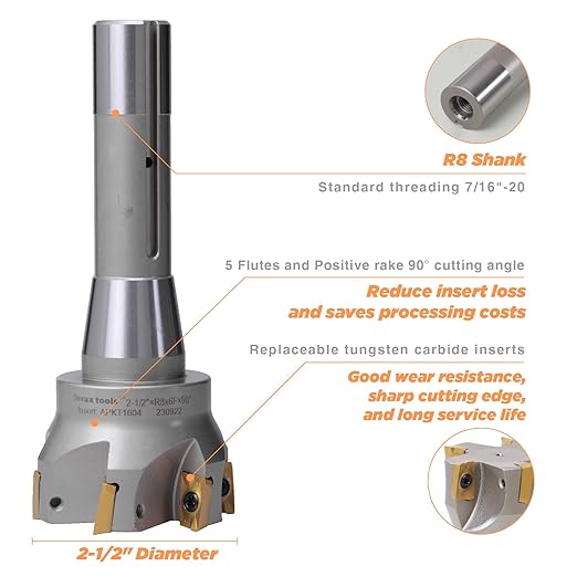 R8 Shank Indexable 2-1/2" End Mill, 2-1/2" Diameter 90 Degree High Speed Milling Cutter with Replaceable Carbide Insert