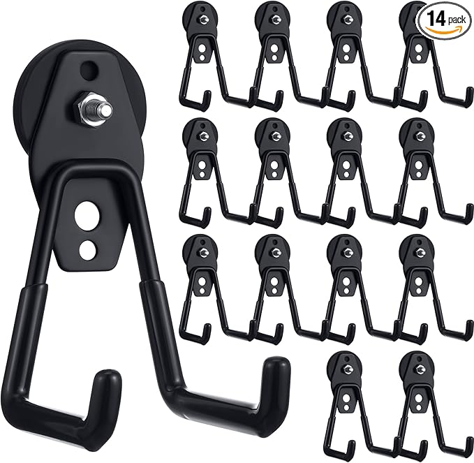 Landhoow Large Magnetic Hooks Heavy Duty Garage Magnet Hooks Strong Storage Utility Magnetic Hangers with Anti Slip Rubber Coating for Indoor and Outdoor Hanging(Black,14 Pcs)