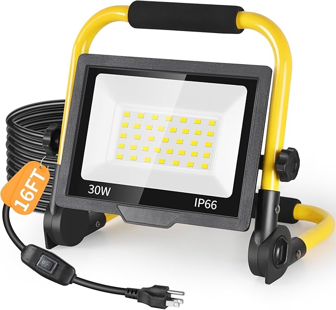 30 Watts LED Work Light, 3600 Lumens Outdoor Flood Light with 16ft Cord & Switch, IP66 Waterproof Portable Working Lighting with Stand, 5000K Dayight Worklight for Job Site Garage Workshop