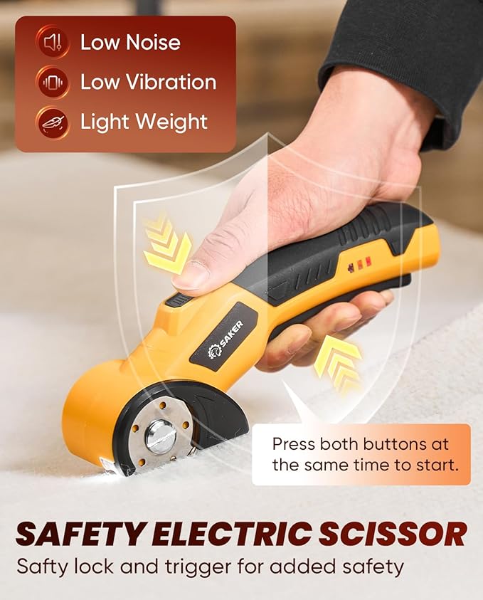 Saker Cordless Electric Scissors,Cardboard Box Cutter,4V Rechargeable Rotary Cutter with Safety Lock & LED Light,Cardboard Cutter for Cutting of Fabric, Leather, Carpet, Plastic, and More(2 Blades)