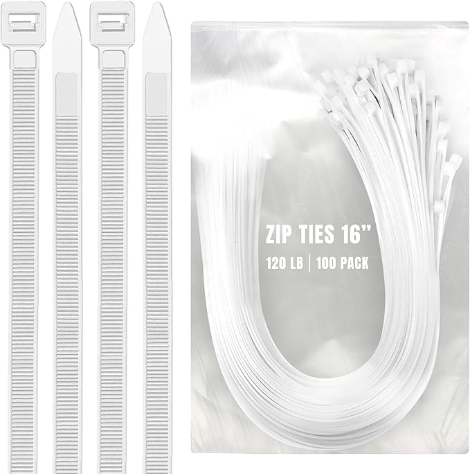 ALBO White Zip Ties Heavy Duty 16 Inch Long 120lb - 100 Pack Plastic Cable Ties 0.3 Inch Thick UV Resistant Tie Wraps for Indoor and Outdoor Use