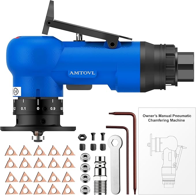 AMTOVL Air Chamfer Tool - Mini Pneumatic Chamfering Machine, 30000 RPM Pneumatic Chamfering Tool, 45 Degree Air Beveling Machine with 1/4 Inch Air Inlet for Metal, Wood, Acrylic Deburring (Blue)