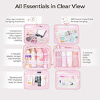 Hanging Travel Toiletry Bag for Women Detachable Toiletry Bag with 6 Compartments Large Makeup Bag Cosmetic Organizer for Bathroom Shower Business Trips Camping, Pink