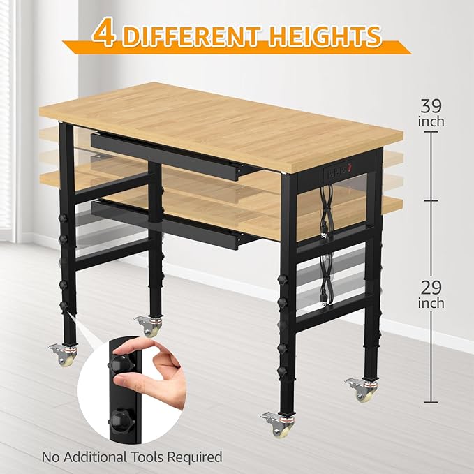 48" Adjustable Workbench,Heavy-Duty Work Table,3000 LBS Load Capacity Particleboard Hardwood Workstation Outlets with Power Strips, Drawers and Wheels,for Workshop, Garage