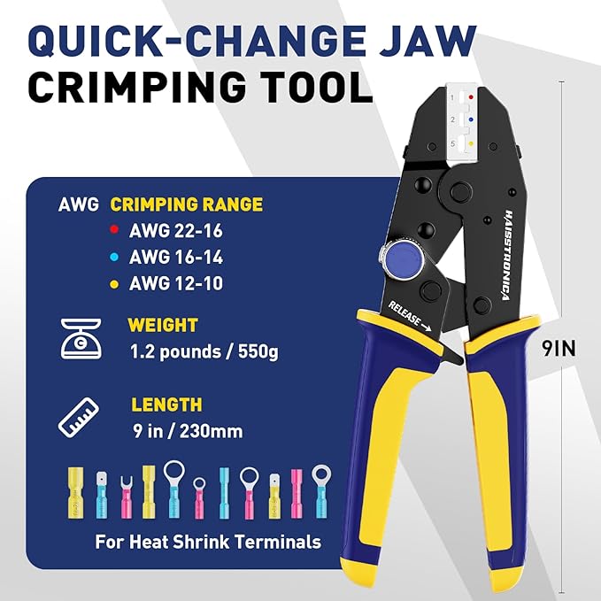 haisstronica Quick Change Jaws Crimping Tool for Heat Shrink Wire Connectors AWG 22-10 Ratcheting Wire Crimper & Terminals - H1
