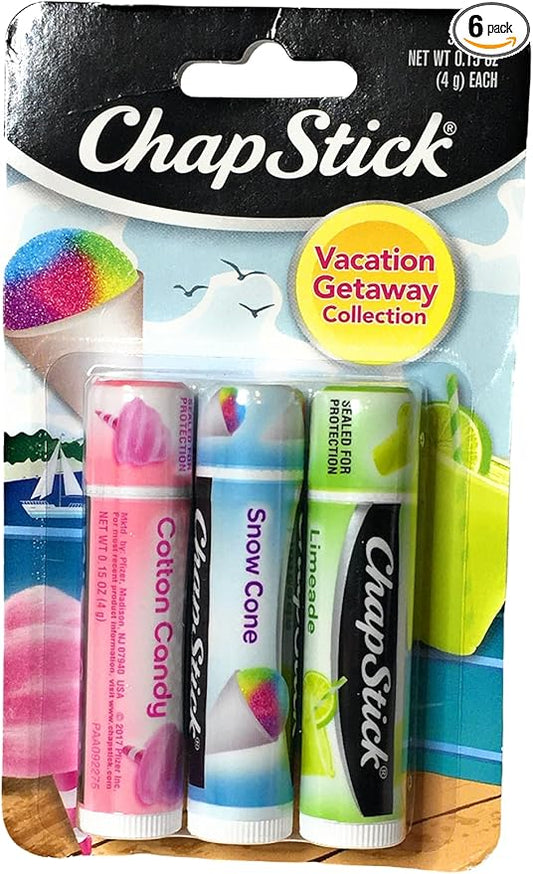 (1) Pack of 3 Count ChapStick Vacation Getaway Collection Lip Balm (Flavors Include Cotton Candy, Snow Cone and Limeade)-VeraVaultWomen