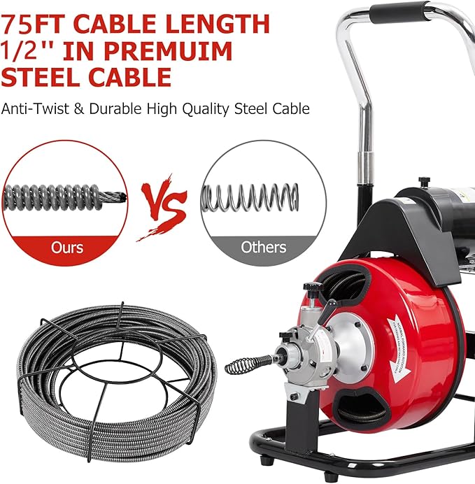 75 FT x 1/2 Inch Drain Cleaner Machine with 370W Motor, Auto Feed Sewer Snake Auger with 8 Cutters & Air-activated Foot Switch, Semi-Enclosed Drum Drain Cleaning Tool for 2" to 4" Pipes