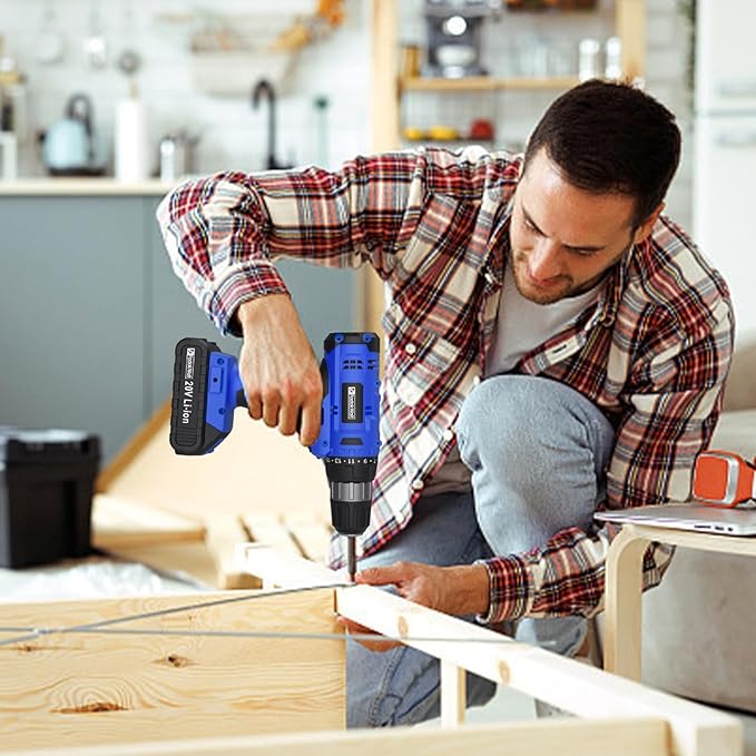 20V Electric Drill Set with Battery and Charger, 30N Torque, 21+1 Settings, 3/8-Inch Keyless Chuck, LED Electric Drill Set (Blue)