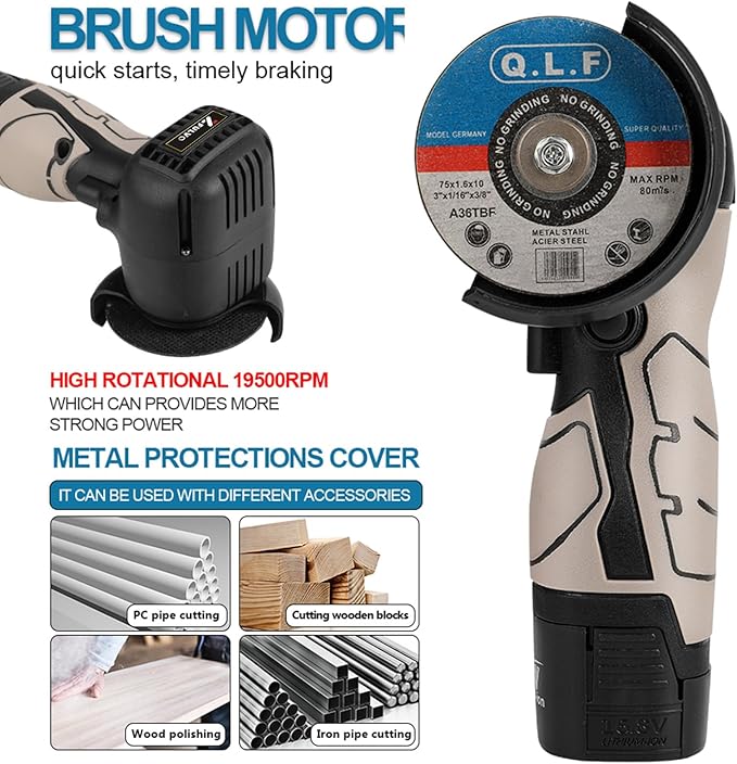 Cordless Brush Angle Grinder Kit, 19500rpm Mini Electric Angle Grinding Tool with 2pcs 16.8V 2000mAh Batteries and 5-Cutting Discs, Grinder Handheld Cutter for Metal Wood