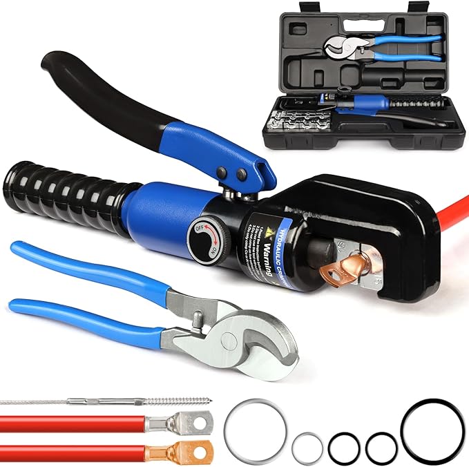 Solsop Hydraulic Crimping Tool 10 Ton with 9 Hex-Dies, 12–2/0 AWG Battery Cable Crimper with Cable Cutter for Copper, Aluminum Cable Lugs
