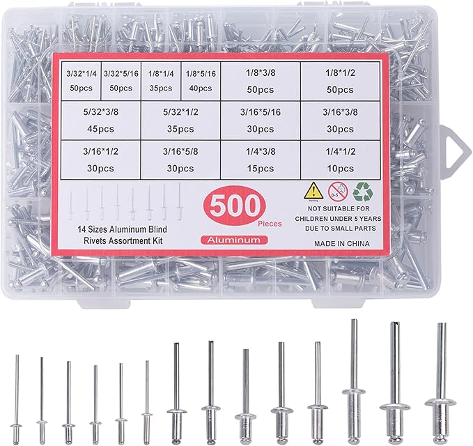 500pcs Pop Rivets Assortment Kit,14 Sizes Aluminum Rivets,Blind Rivets set,including 3/32" 1/8" 5/32" 3/16",metal Dome Head rivets Assortment kit with labels Storage boxes (Silver)