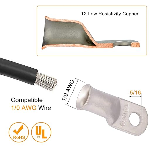 0 Gauge Tinned Copper Lugs 4 PCS 1/0 AWG - 5/16'' Cable Lugs Wire Lugs UL Listed 0 Gauge Ring Terminals Battery Cable Ends Heavy Duty Closed End Crimp Lugs with 4 PCS 3:1 Heat Shrink Tubing