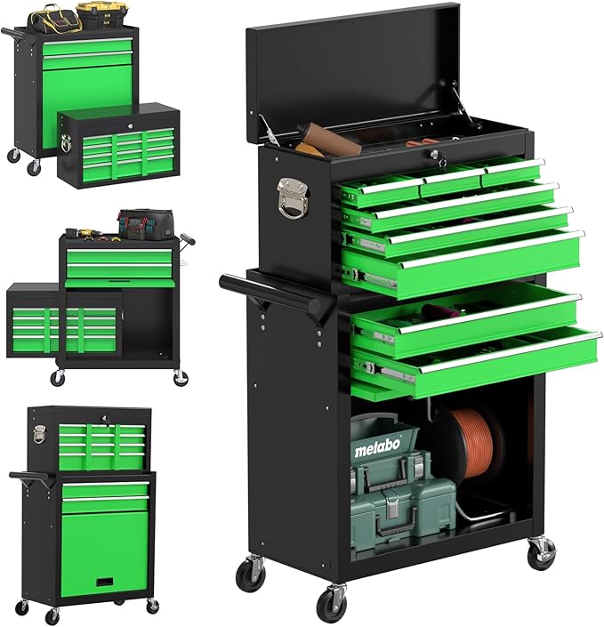 8 Drawer High Capacity Rolling Tool Chest, Metal Tool Box with Wheels and Drawers, Detachable Toolbox with Lock, Heavy Duty Tool Cabinet for Workshop, Warehouse and Garage (Black Green)