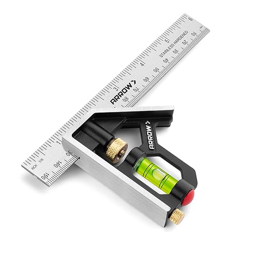 Arrow Combination Square, 6-Inch Combo Square with Stainless Steel Ruler, Zinc Alloy Body and Bubble Level for Carpenters and Craftsmen