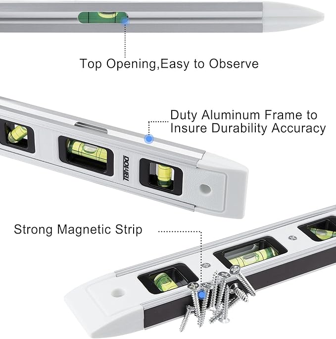 DOWELL Magnetic Torpedo Level Mini Bubble Level Box Spirit Level Alloy Frame 180/90/45 Degree 9-Inch (3, White)