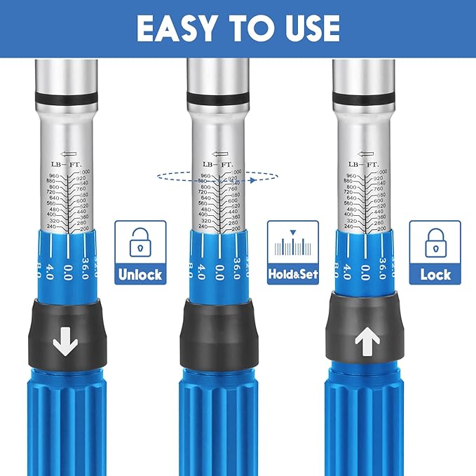1-Inch Drive Click Torque Wrench, Dual-Scale Adjustable Torque Wrench Set with a Hex Key 200-1000ft.lb / 271-1356.7Nm