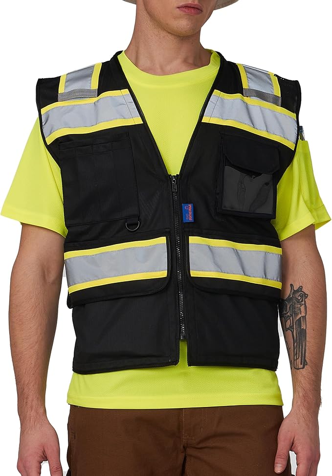 A-SAFETY High Vis Reflective Safety Vest for Men Women Zipper Ipad Pockets Mesh Construction Apparel Neon Vest for Work