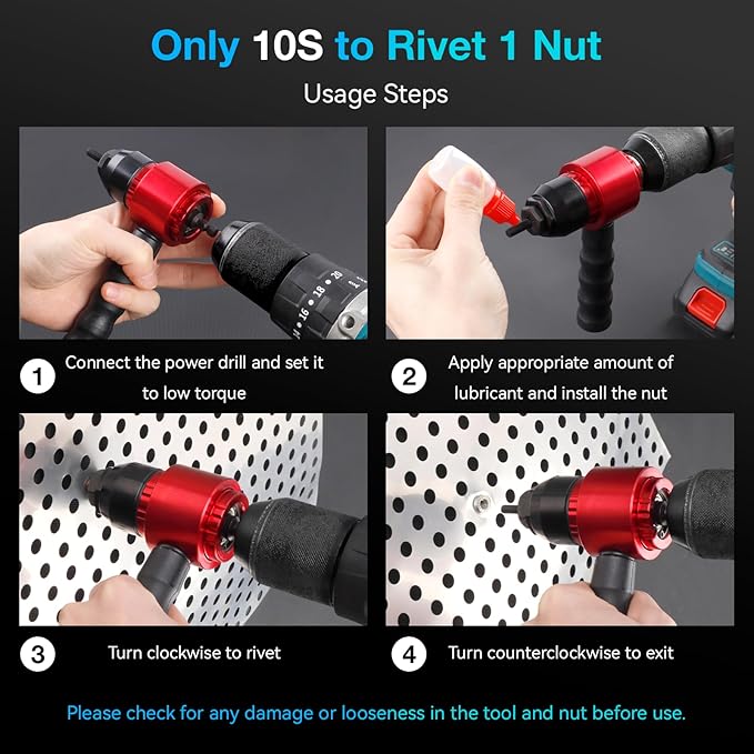 YUZES Rivet Nut Tool Rivet Nut Kit, Rivet Nut Gun Adapter Compatible with Cordless Drill & Ratchet Wrench, Newly Labor-Saving Rivnut Tool with 10 Mandrels & 50 Rivet Nuts, Rugged Carrying Case