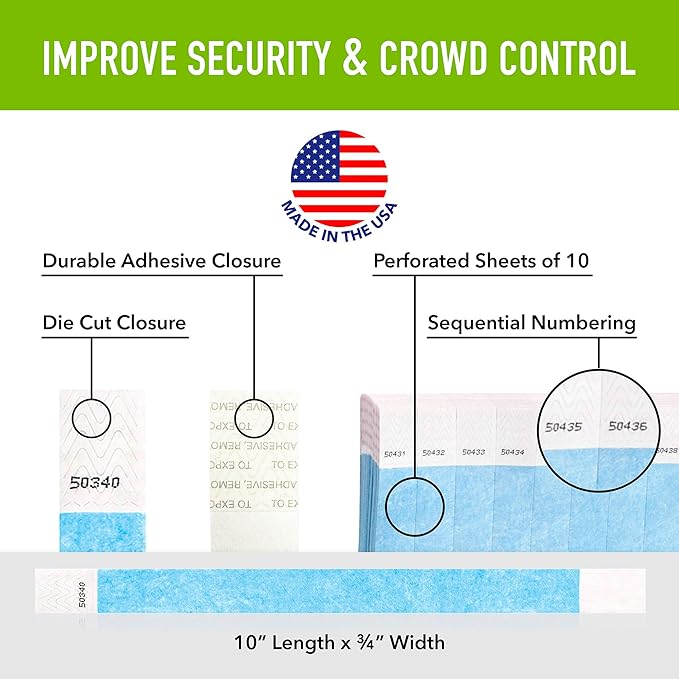 1,000 WristCo Sky Blue Tyvek Wristbands for Events Tamper-Proof Design & Fluorescent Color Prevent Reuse Premium-Grade Bracelets for Hospital & Medical ID, Party & VIP Identification