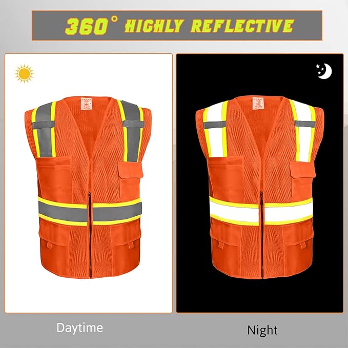 BeautyWill Custom Safety Vest Customized Logo Class 2 High Visibility Reflective Vest with Pockets Construction workwear