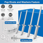 240pcs Steel Rivets with Washers 7-Sizes 304 Stainless Steel Pop Rivets Assortment Kit 1/8",5/32",3/16" for Metal,Furniture,Automotive,Instruments