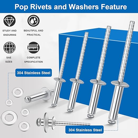 240pcs Steel Rivets with Washers 7-Sizes 304 Stainless Steel Pop Rivets Assortment Kit 1/8",5/32",3/16" for Metal,Furniture,Automotive,Instruments