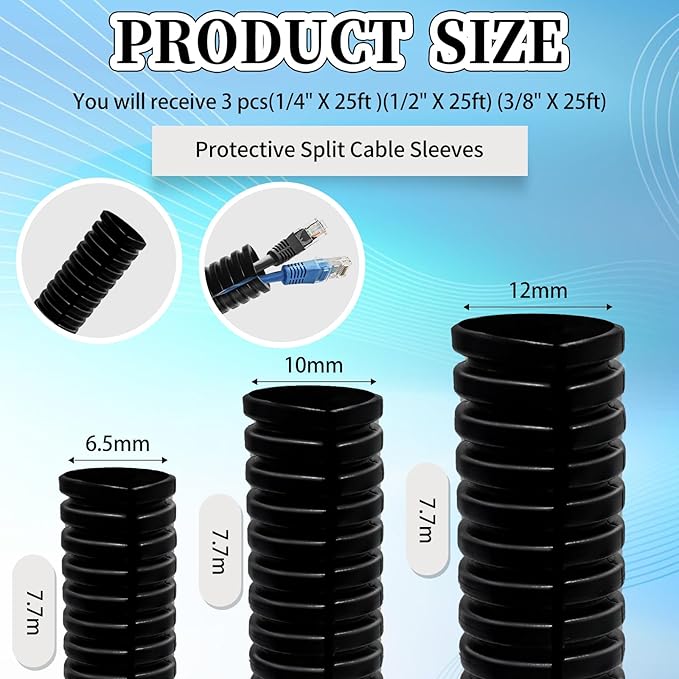 Split Loom Wire 1/4" X 25ft, 1/2" X 25ft, 3/8" X 25ft Electric Wires Covers Flexible Wire Loom Tubing Dog Cat Cord Protector Split Cable Sleeves (1/4", 1/2", 3/8" x 25 Ft)