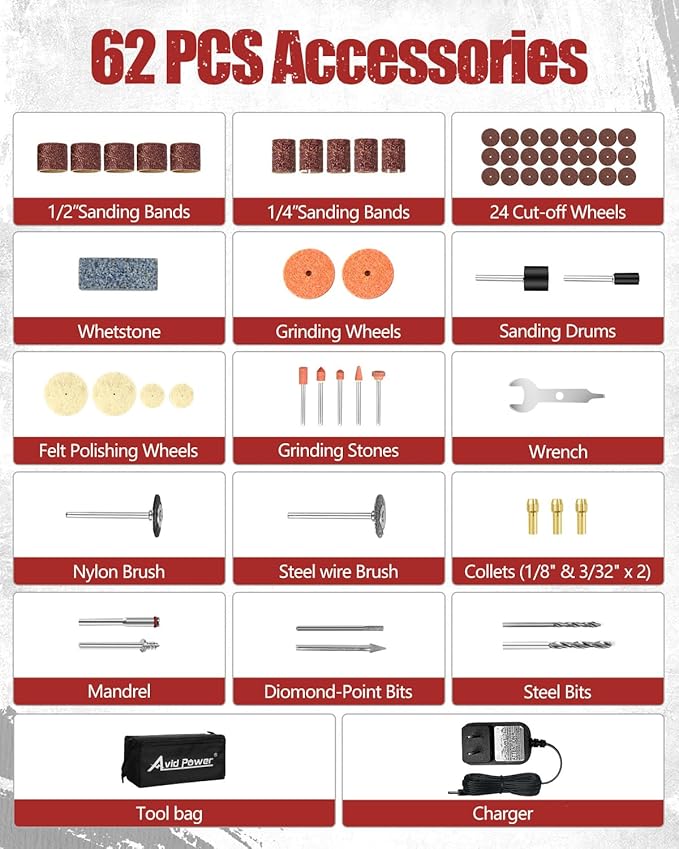 AVID POWER Cordless Rotary Tool 2.0 Ah 8V Rechargeable Rotary Tool, 4 Front LED Lights, 5 Speeds, 60 Pcs Rotary Accessories with Bag for Carving, Engraving, Sanding, Polishing and Cutting - Red