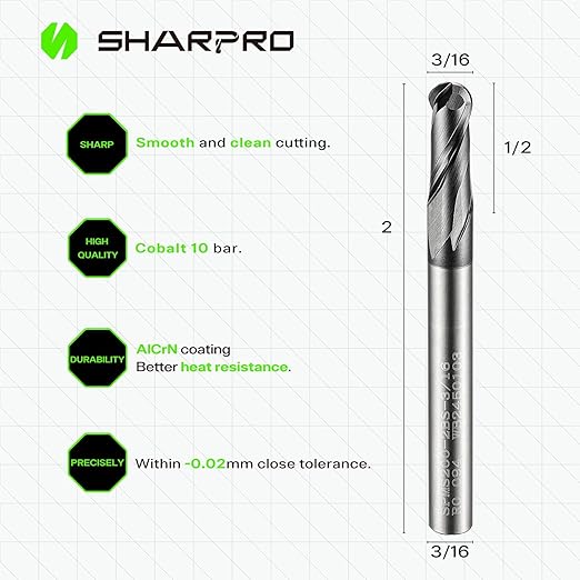 Carbide Ball Nose End Mill 2 Flute 3/16 Inch SHK. and Cutting Dia. 3D Carving, High-Speed and Deep Cutting, AlCrN Coated, Apply for Alloy Steel, Stainless Steel and Various Cast Iron.