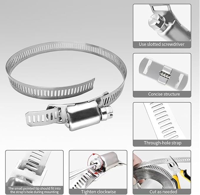 Hose Clamps 10FT Strap+10 Fasteners,DIY Cut-To-Fit 304 Stainless Steel Adjustable Large Worm Gear Band Clamp Assortment Kit,Metal Screw Fasteners and Strapping for Pipe,Duct,Pole,Tube