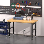 48" Work Bench, Adjustable Height Workbench with Rubber Pad, Heavy-Duty Solid Wood Work Table with Power Outlets, 2000 LBS Capacity Workstation for Garage, Workshop, Office, Home